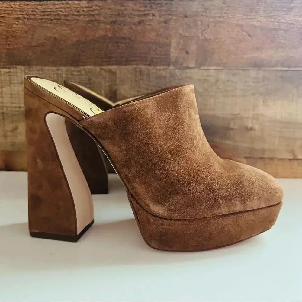 NWOT Jessica Simpson Denima Leather Platform Mule Tobacco